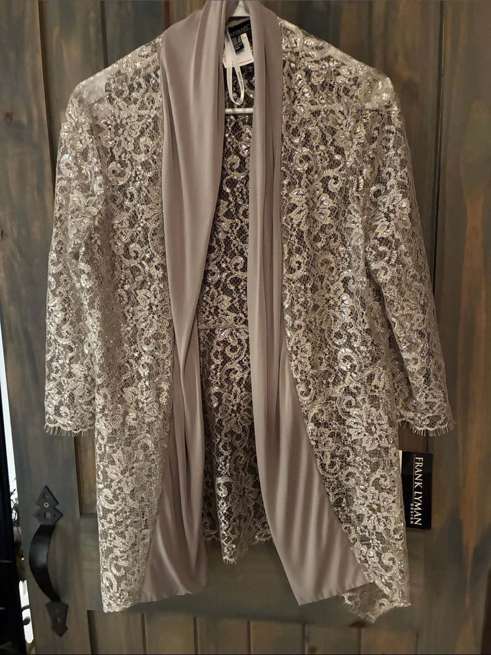 Frank Lyman Design Silver Lace Overlay Jacket with Draped Inner Panel